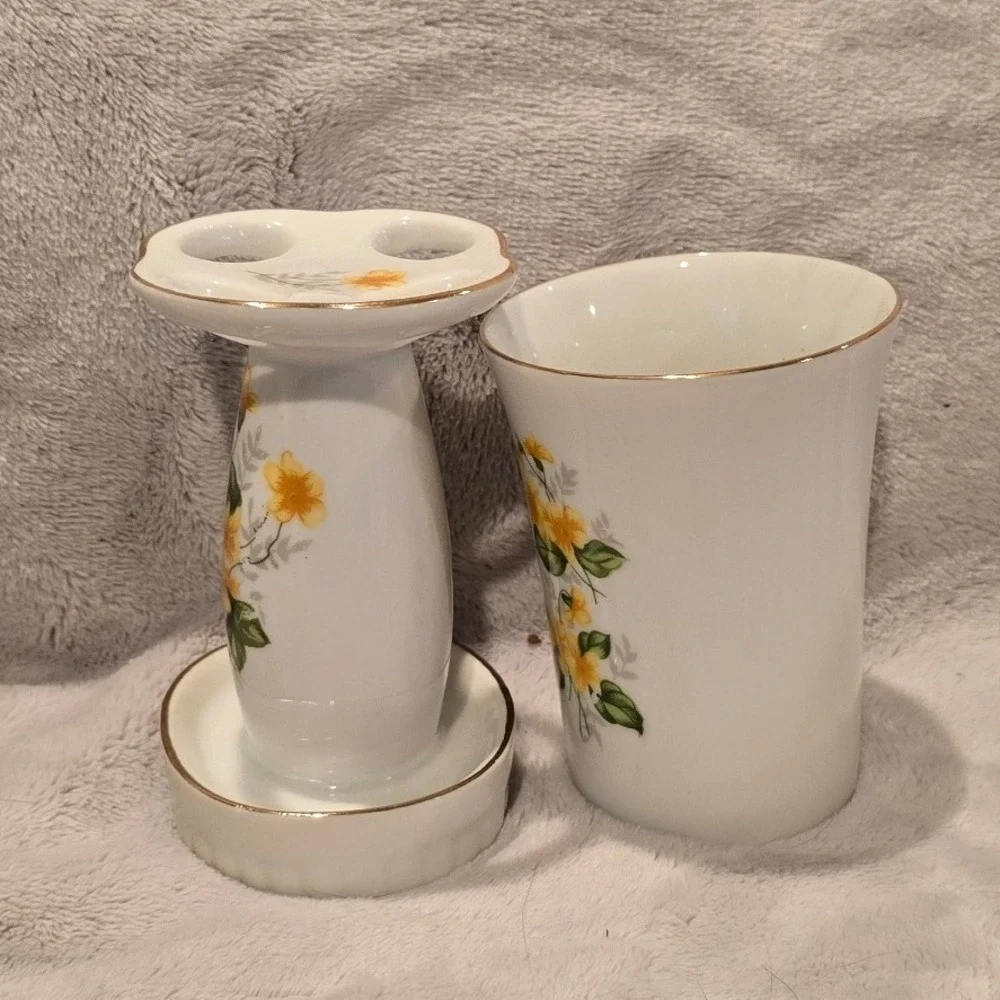 Vintage Midcentury Ceramic Floral Toothbrush Holder and Cup Yellow Flowers Japan